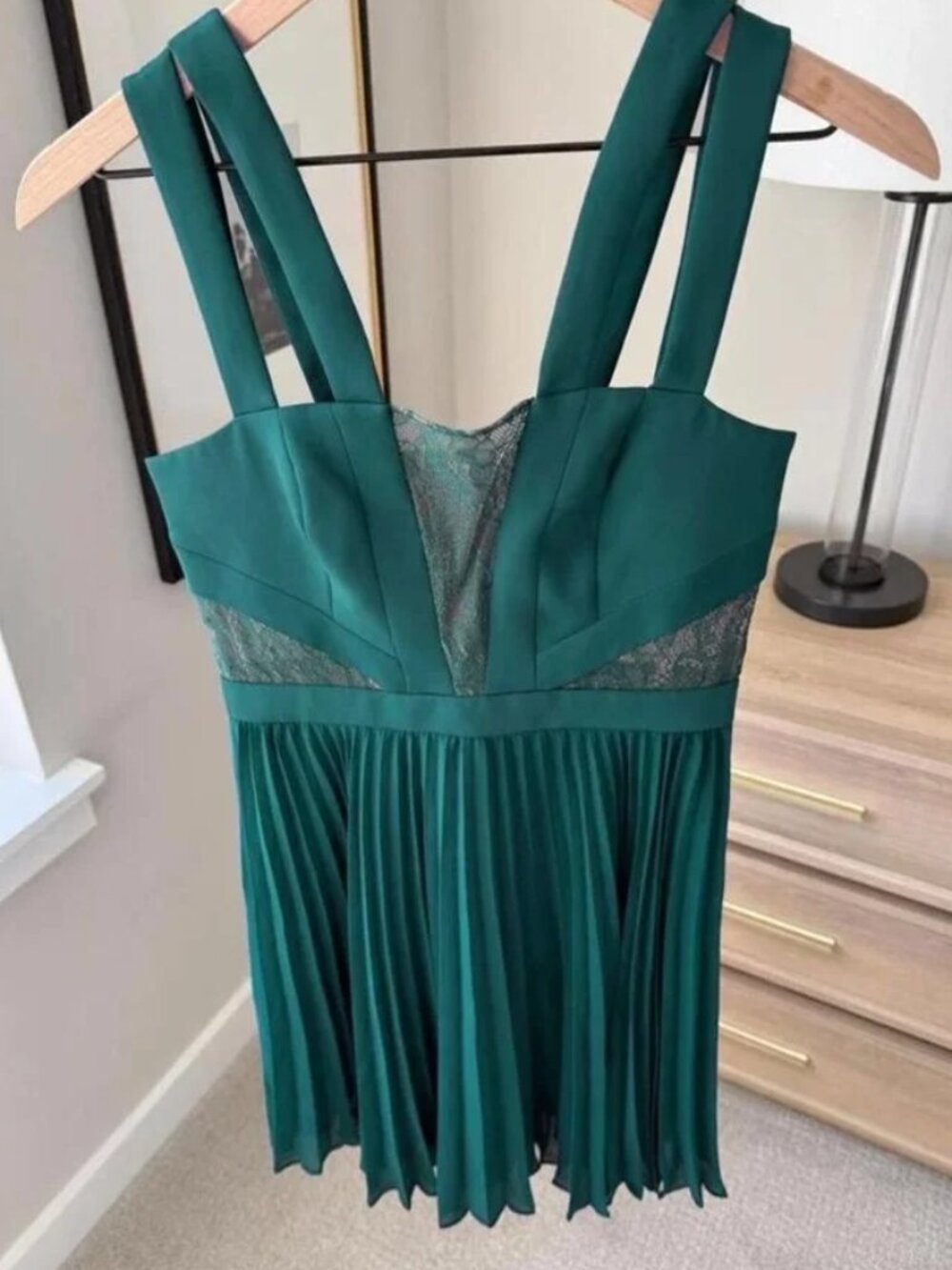 BCBGMAXAZRIA Tenzin Dark Teal Lace Pleated Fit & Flare Mini Dress